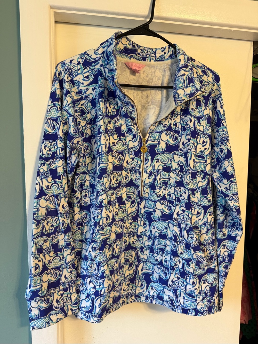 Lilly Pulitzer Blue and White Elephant Print Zip Pullover